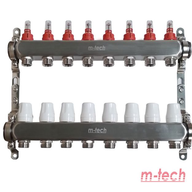 Kép m-tech UniTherm UT102 áramlásmérős INOX osztó-gyűjtő, 1"x3/4" eurokónuszos csatlakozás, 8 körös, állítható távolságú rögzítőbilincsekkel