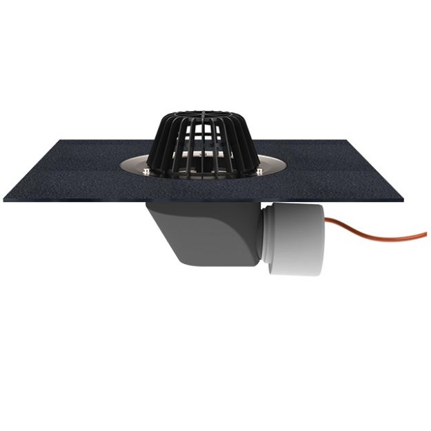 Kép HL Tetőlefolyó vízszintes kimenettel, DN75/110, gyárilag felhegesztett bitumengallérral és 10-30W/230V fűtéssel