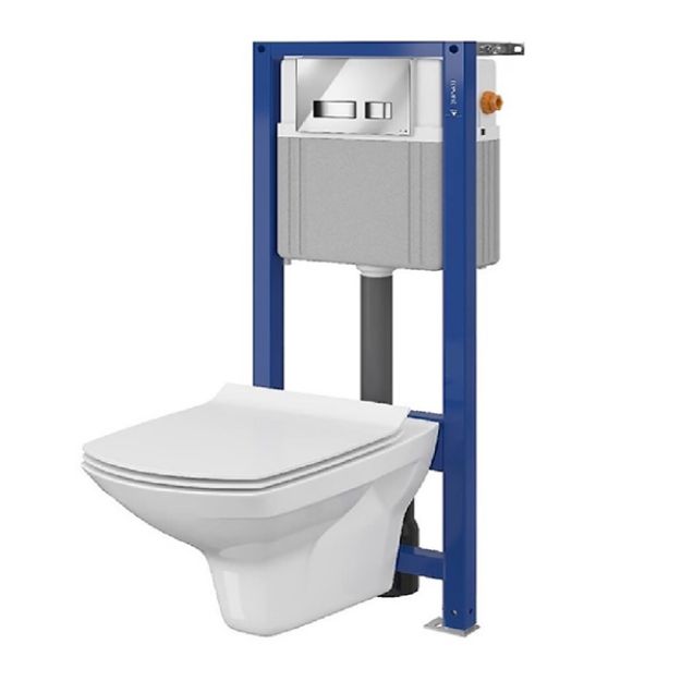 Kép Cersanit 878 AQUA fali WC SZETT (AQUA 22 szerelőelem + MOVI fényes króm nyomólap + CARINA perem nélküli fali WC + lecsapódásgátlós duroplast ülőke)