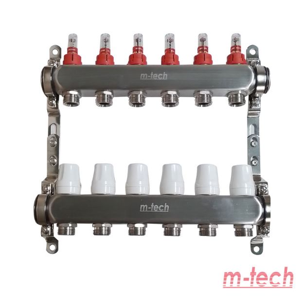 Kép m-tech UniTherm UT102 áramlásmérős INOX osztó-gyűjtő, 1"x3/4" eurokónuszos csatlakozás, 6 körös, állítható távolságú rögzítőbilincsekkel